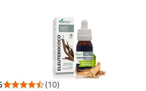 Extracto de siberian ginseng (Eleuterococo) de Soria Natural, en frasco gotero y caja, con raíz de la planta.