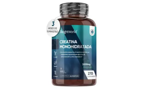 Bote de creatina monohidratada de WeightWorld. Contiene 270 comprimidos, 3000mg por porción, vegano y sin gluten. La creatina se encuentra en este suplemento alimenticio.
