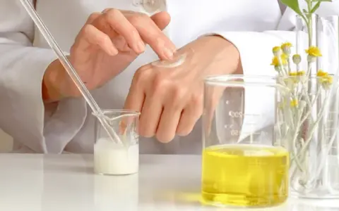 Manos de científico aplicando crema, con tubos de ensayo y líquidos amarillos. El cetearyl alcohol es clave en esta formulación.
