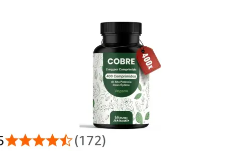 Frasco de suplemento de cobre vegano, 400 comprimidos de alta potencia. Descubre sus propiedades.