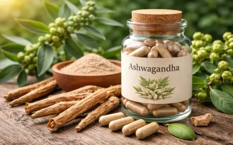 Raíces, polvo y cápsulas de Ashwagandha, hierba conocida por ayudar a manejar la tensión arterial.