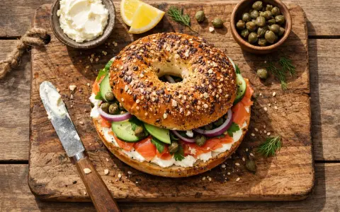 Bagel con salmón ahumado, queso crema, pepino, cebolla morada y alcaparras. Un desayuno delicioso, pero ten en cuenta las calorías del bagel.