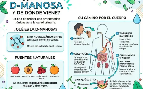 La D-manosa, un azúcar simple, se absorbe y elimina por la orina, actuando en las vías urinarias. Se encuentra en frutas.