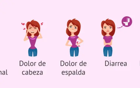 Ilustración de cinco mujeres con diferentes síntomas: dolor abdominal, dolor de cabeza, dolor de espalda, diarrea y náuseas, comunes durante el dolor de regla.