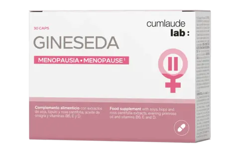 Caja de Gineseda, un complemento alimenticio para la menopausia con extractos de soja, lúpulo y rosa centifolia.
