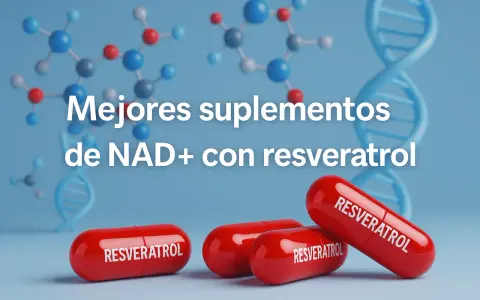 Cápsulas rojas de resveratrol y NAD+ con moléculas y ADN. Mejores suplementos para tu bienestar.