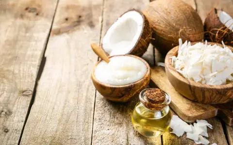 Aceite MCT en una botella junto a cocos partidos, crema de coco y coco rallado sobre madera rústica.