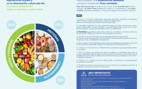 Plato saludable: 50% frutas y verduras, 25% proteínas y 25% carbohidratos. Incluye alimentos poliinsaturados para una dieta equilibrada.