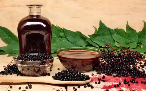 Botella de jarabe oscuro, cuencos con bayas de sauco y hojas verdes.