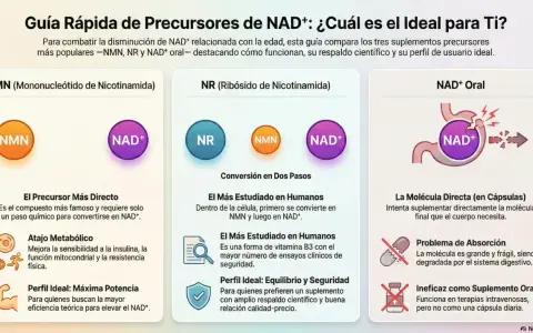 Guía compara NMN, NR y NAD+ oral para combatir la disminución de NAD+. NMN es el precursor más directo.
