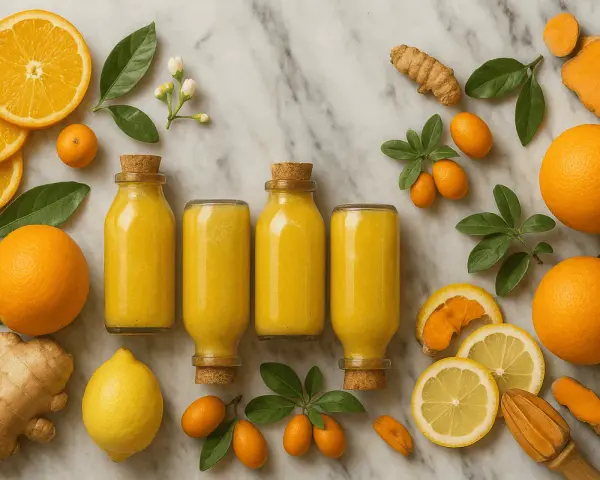 Botellas de jugo amarillo vibrante, naranjas, limones, cúrcuma y jengibre, perfectos para un shot de jengibre revitalizante.