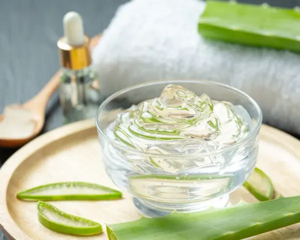 Gel de aloe vera en un cuenco, con rodajas y hojas de la planta, y un gotero. Descubre para qué sirve la **sábila** para el cuidado de la piel.