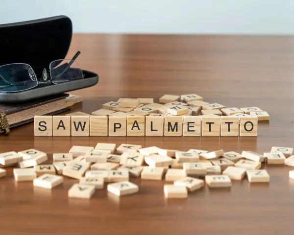 Fichas de madera deletrean "SAW PALMETTO" junto a un libro y gafas.