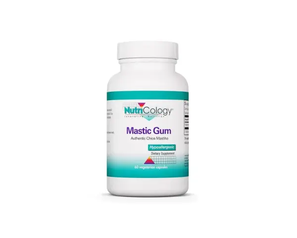 Frasco de Mastic Gum NutriCology. Descubre para qué sirve este suplemento dietético hipoalergénico con 60 cápsulas vegetarianas.
