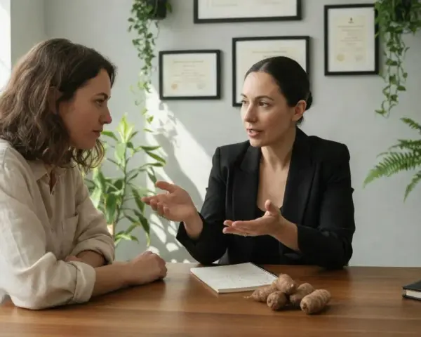 Profesional explica para qué sirve la maca en mujeres, mostrando raíces de maca en la mesa.