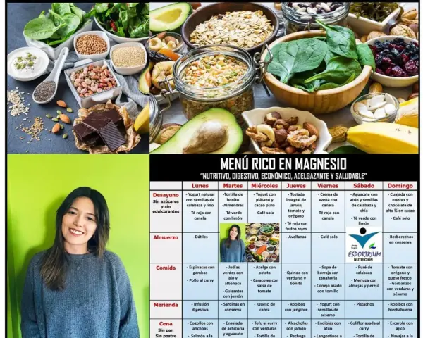 Menú rico en magnesio: alimentos como aguacate, almendras, chocolate negro y espinacas.
