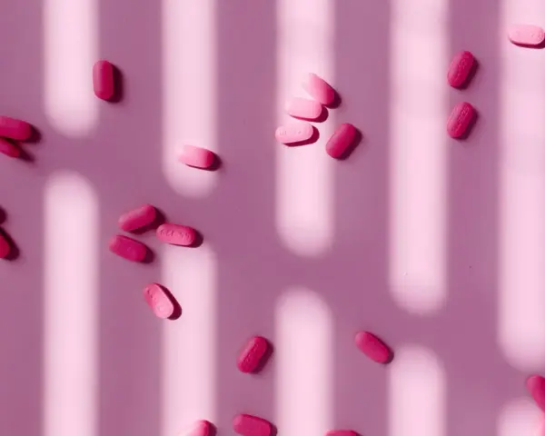 Pastillas rosas esparcidas, algunas con la inscripción "44-329". ¿Paracetamol o ibuprofeno para la regla?