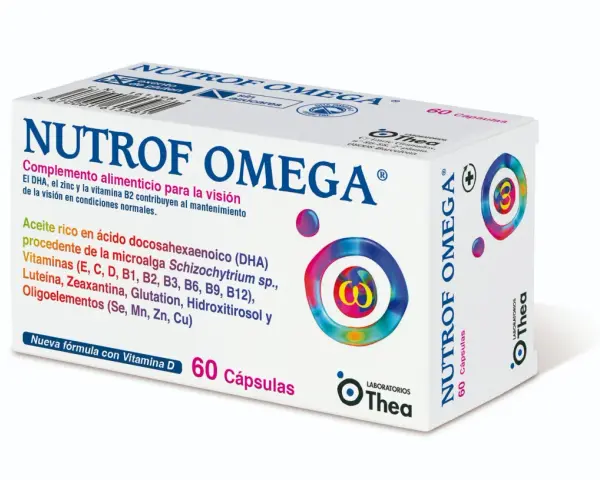 Caja de Nutrof Omega, complemento para la visión. No se mencionan nutrof omega efectos secundarios en el empaque.