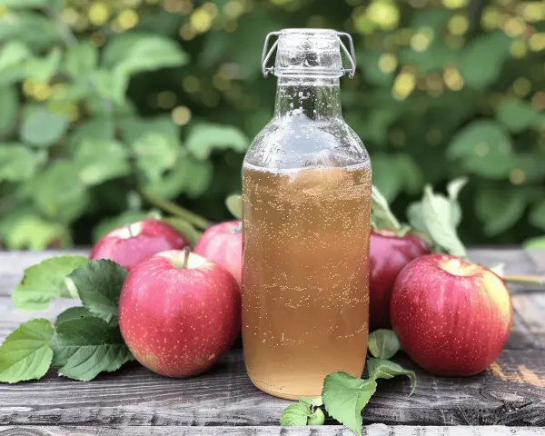 Botella de vinagre de sidra de manzana burbujeante junto a manzanas rojas frescas en una mesa de madera rústica.