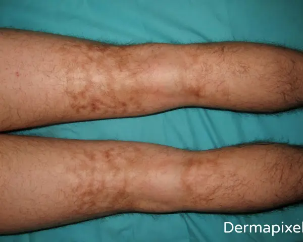 Piernas con manchas marrones irregulares y vello oscuro.
