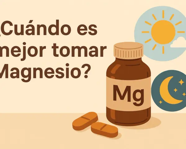 ¿Cuánto tiempo se puede tomar magnesio? La imagen muestra un frasco de magnesio y pastillas, con iconos de sol y luna, sugiriendo cuándo es mejor tomarlo.