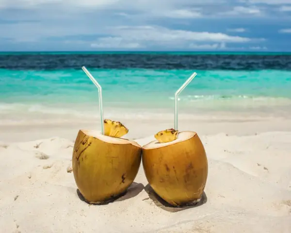 Dos cocos con pajitas en la arena, listos para disfrutar de los agua de coco beneficios. El mar turquesa al fondo.