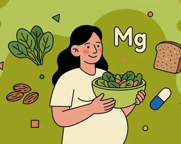 Mujer embarazada con ensalada, pan, almendras y pastilla. El magnesio en el embarazo es clave, pero consulta contraindicaciones.