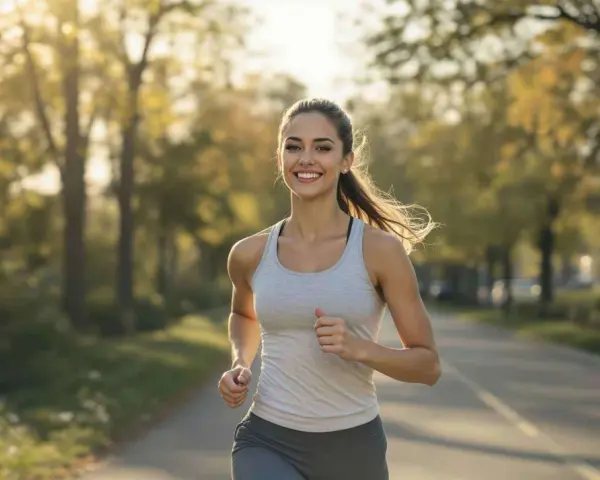 Mujer sonriente corre por un parque. No hay evidencia de que el palmitoiletanolamida engorde.