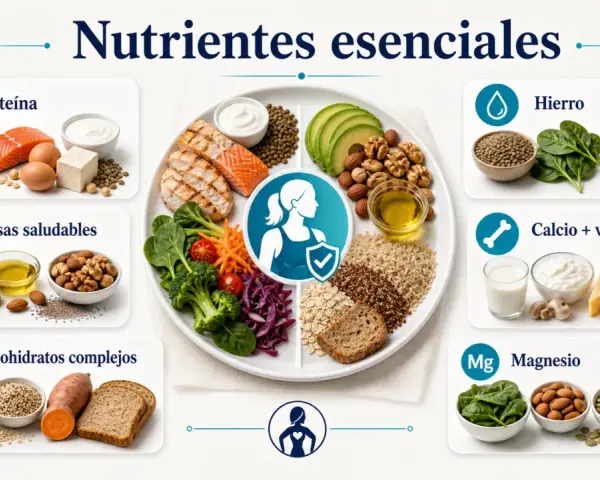 El magnesio es clave para la salud femenina. La imagen muestra alimentos ricos en magnesio como espinacas, almendras, semillas y chocolate negro.