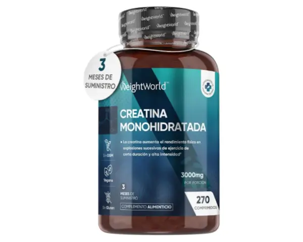 Bote de creatina monohidratada de WeightWorld. Contiene 270 comprimidos, 3000mg por porción, vegano y sin gluten. La creatina se encuentra en este suplemento alimenticio.