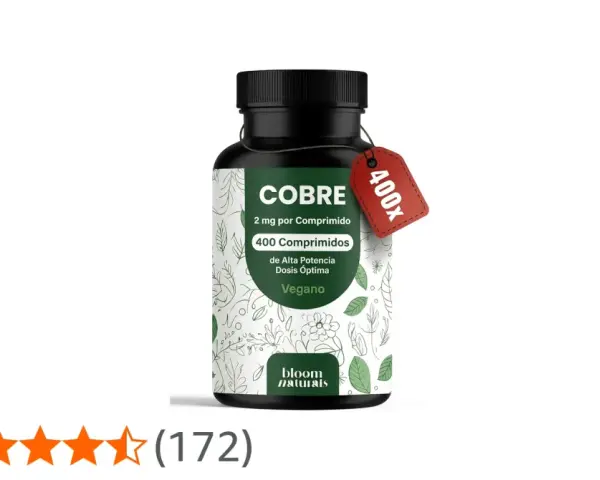 Frasco de suplemento de cobre vegano, 400 comprimidos de alta potencia. Descubre sus propiedades.