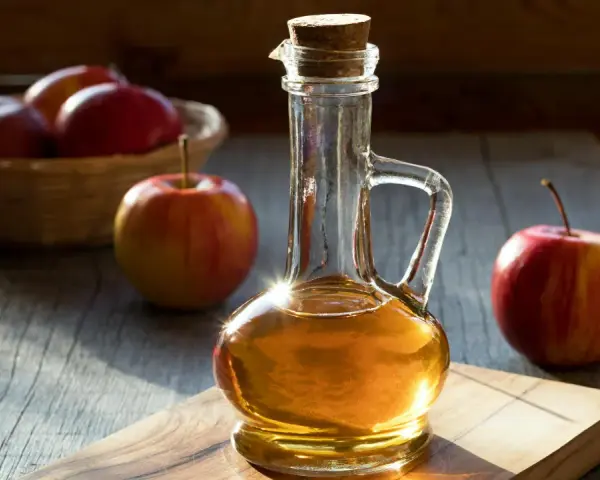 Botella de vinagre de manzana con manzanas rojas frescas. Descubre los 10 beneficios del vinagre de manzana.
