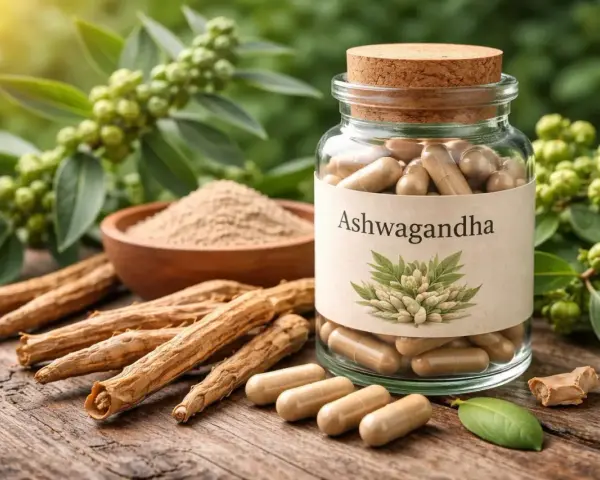 Raíces, polvo y cápsulas de Ashwagandha, hierba conocida por ayudar a manejar la tensión arterial.