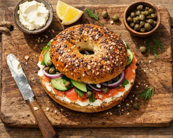 Bagel con salmón ahumado, queso crema, pepino, cebolla morada y alcaparras. Un desayuno delicioso, pero ten en cuenta las calorías del bagel.