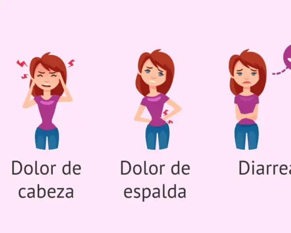 Ilustración de cinco mujeres con diferentes síntomas: dolor abdominal, dolor de cabeza, dolor de espalda, diarrea y náuseas, comunes durante el dolor de regla.