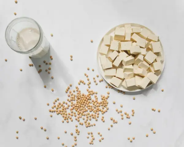 Tofu en cubos, leche de soja y semillas de soja. La nattokinase que es, se deriva de la soja fermentada.