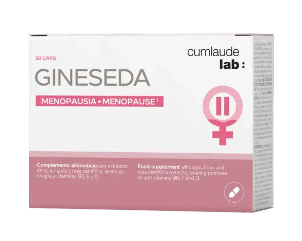 Caja de Gineseda, un complemento alimenticio para la menopausia con extractos de soja, lúpulo y rosa centifolia.