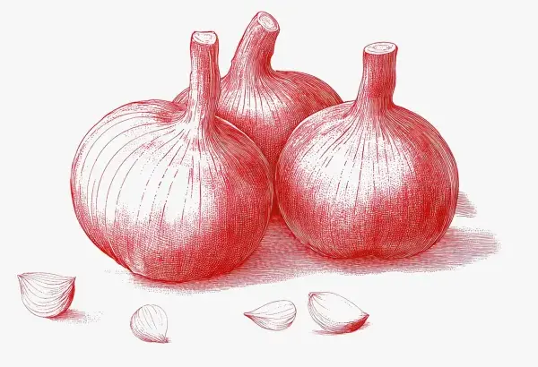 Ilustración de ajos y dientes de ajo. Considera las contraindicaciones del ajo negro antes de su consumo.