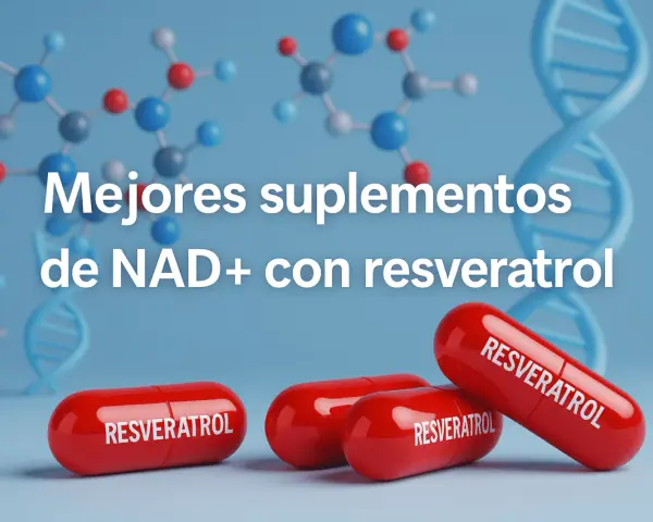 Cápsulas rojas de resveratrol y NAD+ con moléculas y ADN. Mejores suplementos para tu bienestar.