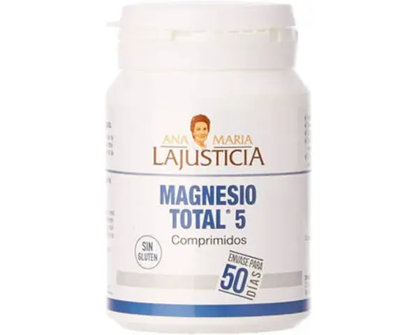 Envase de Magnesio Total 5 de Ana María Lajusticia. Ideal para saber cuándo se debe tomar el magnesio en las mujeres.