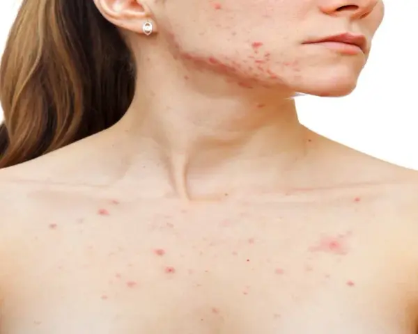 Persona con granos en el pecho y rostro, mostrando la afectación de la piel por acné.