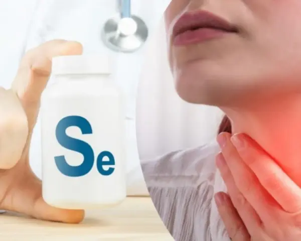 Mano sostiene frasco con "Se". Mujer con dolor de garganta. El selenio para que sirve en la mujer: esencial para la tiroides.