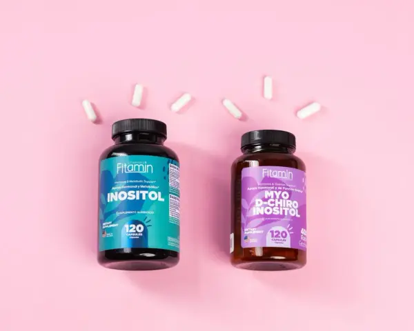 Dos frascos de suplementos Fitamin: Inositol y Myo D-Chiro Inositol, para apoyo hormonal.