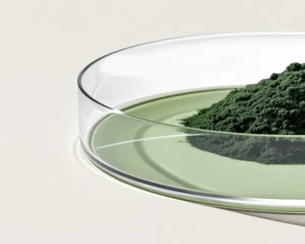 Polvo verde oscuro de espirulina y chlorella en una placa de Petri con líquido verde. Descubre para qué sirve la espirulina y chlorella.