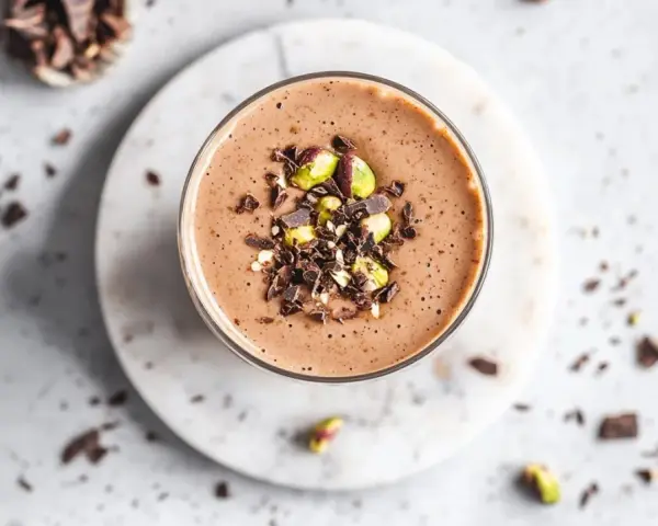 Batido de chocolate con pistachos y trozos de cacao, ideal como uno de los alimentos estimulantes para empezar el día.