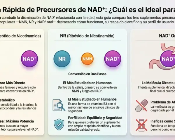 Guía compara NMN, NR y NAD+ oral para combatir la disminución de NAD+. NMN es el precursor más directo.