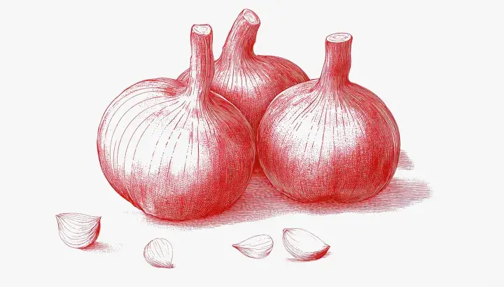 Ilustración de ajos y dientes de ajo. Considera las contraindicaciones del ajo negro antes de su consumo.