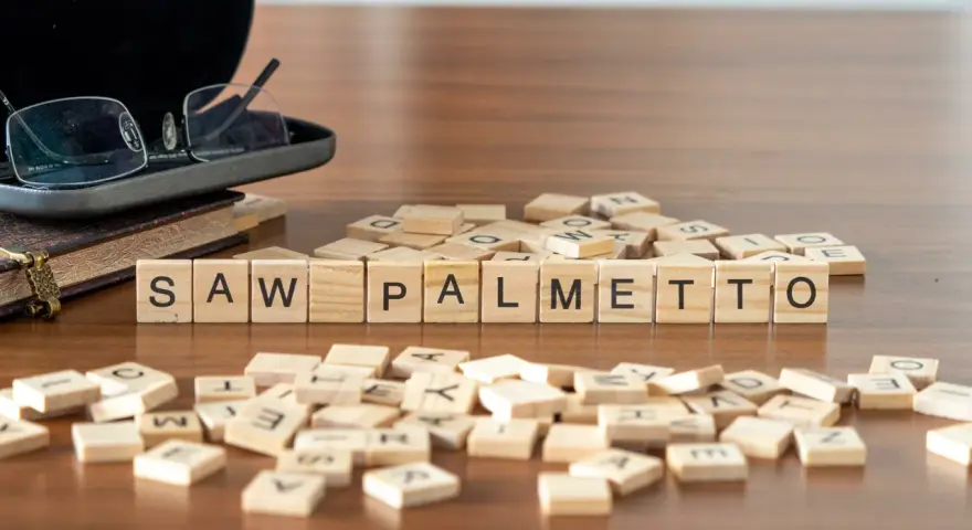 Fichas de madera deletrean "SAW PALMETTO" junto a un libro y gafas.