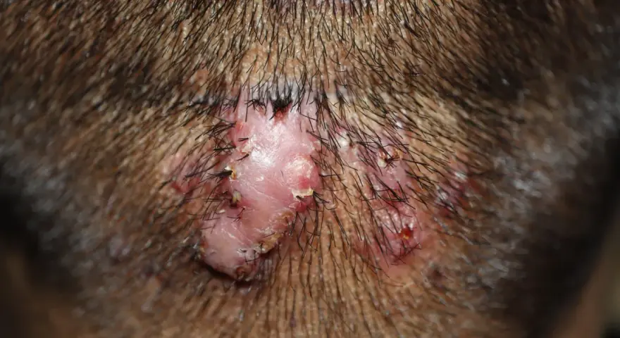 Lesión cutánea inflamada con pelos incrustados, similar a granos en el cuello, en la nuca.