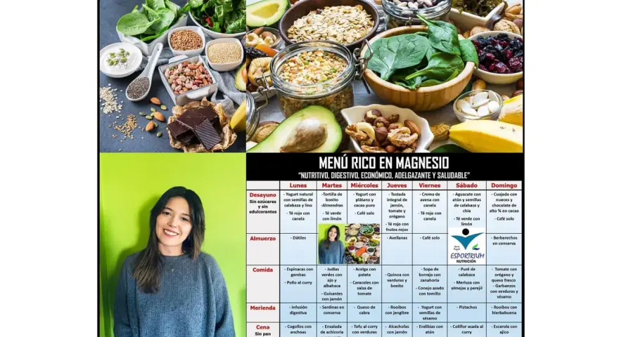 Menú rico en magnesio: alimentos como aguacate, almendras, chocolate negro y espinacas.